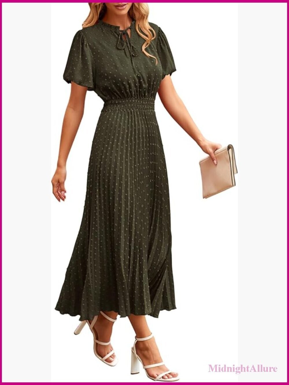 Swiss Dot Pleated A-Line Midi Dress Short Sleeve V-Neck Flowy